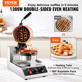 VEVOR Commerical Round Waffle Maker 1300W Rotatable Non-Stick Waffle Iron 120V - Round