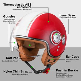 Comrider Open Face Motorcycle Helmet for Adults, Half Face Moped Helmets for Men, 3/4 Retro Vespa Helmet, Classic Vintage Motorcycle Helmet for Women, DOT Approved (Large, Red)