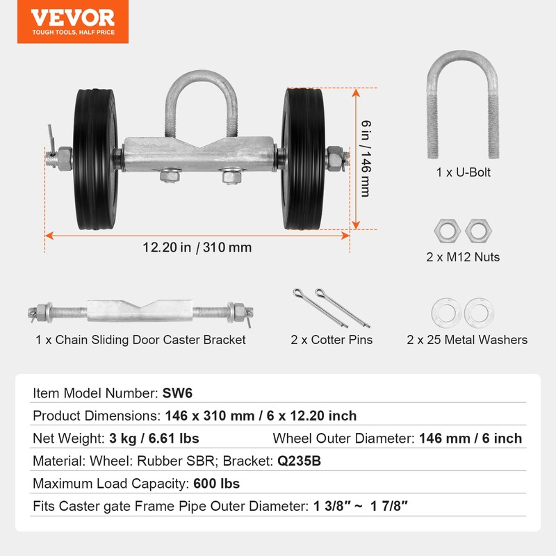 VEVOR Sliding Gate Kit, 6” Rolling Gate Hardware Kit, Universal