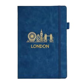 Premium A5 Thermo PU Leather Journal Notebook, London Souvenir Skyline Blue Notebook, 192 Pages, Pen Loop, Rear Pocket & Bookmark, London Eye, Big Ben & Tower Bridge Travel Notebook, Blue