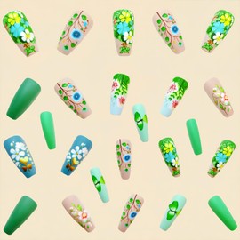 Flower Press on Nails Colorful Floral Fake Nails Spring Summer Medium Square False Nails Matte Acrylic Nails Full Cover Artificial Glue on Nails for Women