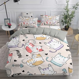 Treer Cat Duvet Cover Set Single Size for Kids Boys, 3 PCS Beige & Grey Cute Cartoon Animal Printed Bedding Set Soft Microfiber Easy Care Quilt Cover with 2 Pillow cases -135 x 210 cm