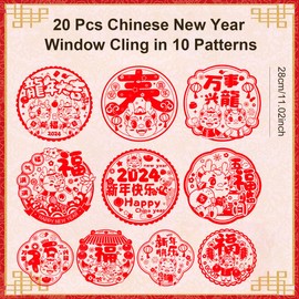 20pcs Chinese New Year Decorations 2024 Window Stickers Fu Character Window Clings Decorations Spring Festival Red Window Clings Year of Dragon Plastic Cut Crafts Removable for Home Restaurants Shops