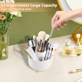 Desk Organisers Pen Holder 360° Rotating Makeup Organiser Stationary Desk Organisers with 5 Compartments Pen Pot for Home Office School Classroom