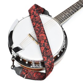 CLOUDMUSIC Banjo Strap Guitar Strap For Handbag Purse Jacquard With Leather Ends And Metal Clips(Red Flowers In Black)