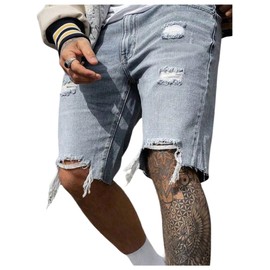 SOLY HUX Men's Ripped Jean Shorts Streetwear Distressed Straight Leg Summer Denim Shorts Light Wash Large