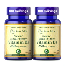 Puritan's Pride Premium Sunvite™ Mega-Potency Vitamin D3 10,000 IU, Dietary Supplement for Healthy Bones, Teeth, and Immune System Support, 100 Rapid Release Softgels