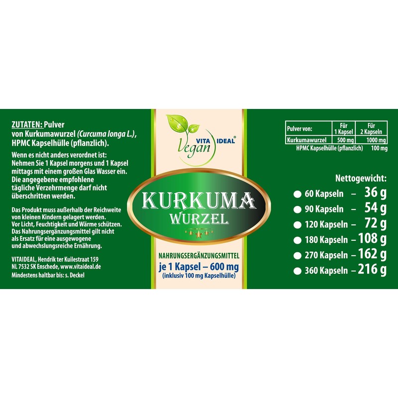 VITAIDEAL Vegan® Turmeric Root (Curcuma) 3 x 360 Vegetable Capsules