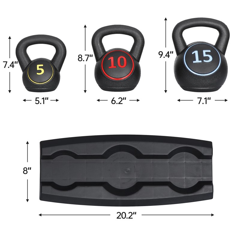 SEGAWE 3-Piece Kettlebell Set with Storage Rack Fitness Strength 5lb