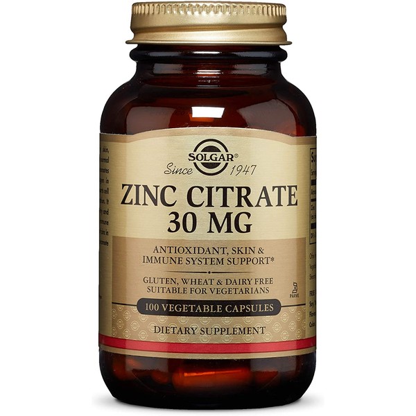 Solgar Zinc Citrate 30 mg, 100 Vegetable Capsules - Zinc for Healthy Skin, Taste & Vision - Immune System & Antioxidant Support - Citrate Form for Optimal Absorption - Non GMO, Vegan - 100 Servings