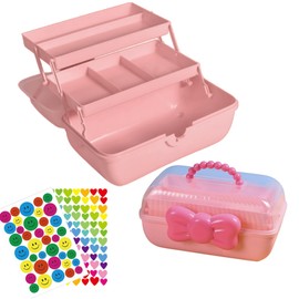 Tuilful Storage Box with Handle, 3-Compartment Plastic Organizer with Lid, Portable Multi-Use Storage for Crafts, Toys, Office Supplies – Includes 2 Stickers (Pink Box)
