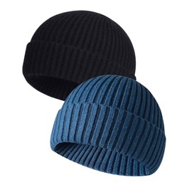 MAIAGO 2 Pack Fisherman Beanie, Wool Knit Cuff Short Watch Cap Fisherman Beanie Winter Warm Hats for Men Women