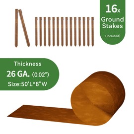 Worth Galvanized Steel Landscape Edging 8" x50' Metal Garden Edging Roll Flexible Bender Border with 16Pcs Stakes for Lawn, Flower Bed Edges, Rust-Like Color