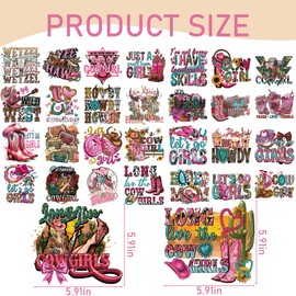 Dazoratix Western Cowgirl Transfer Stickers - 30 Sheets Hot Pink Vintage Iron on Transfers Retro Ready to Press Heat Patches for Girl Women Jeans T-Shirts Pillow Decals Clothing Decorations DIY Crafts