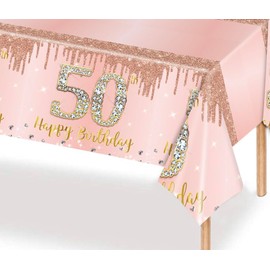 2Pcs Rose Gold Happy 50th Birthday Party TableCloth,137*274cm Plastic Rose and Gold 50th Table Cloth for Her Girl Women Birthday Table Decorations Disposable Party Tablecovers for Birthday Party