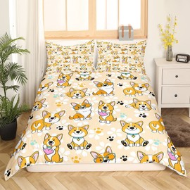 Cute Corgi Duvet Cover Set Queen Size,Smiling Dog Bedding Set 3pcs for Kids Teens Boys Room Decor, Cartoon Dog Paw Comforter Cover Kawaii Yellow Quilt Cover with 2 Pillowcases