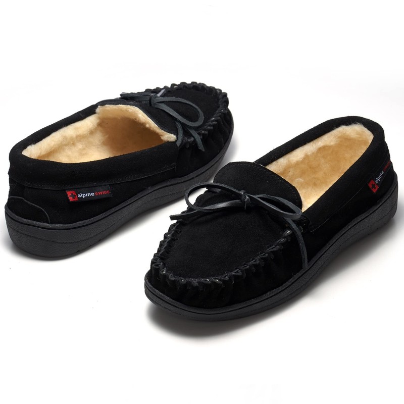 Alpine Swiss Sabine Womens Suede Shearling Slip On Moccasin Slippers