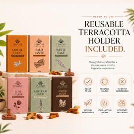 ISHOM Smudge Natural Incense Bricks Variety Pack of 90, (6 Assorted Scents) | Palo Santo, White Sage, Patchouli, Sandalwood Oudh, Amber & Rose | Non-Toxic Incense Bricks for Meditation & Relaxation