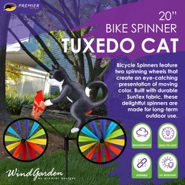 Bike Spinner Tuxedo Cat 20" – Elegant Feline Design, Weather-Resistant Outdoor Decor, Durable & Lightweight for Patios, Yards, and Gardens - Eye-Catching Wind Spinner with Rotating Wheels