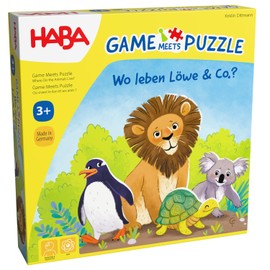 HABA Game Meets Puzzle - Where Life Lion & Co.? - Dice Game & Puzzle in One - 4 Puzzles with 4 Large Animal Wooden Figures - from 3 Years - 2011724001