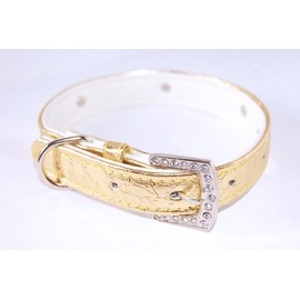 Pet Palace® "Disco Doggy (GOLD MEDIUM) Luxury Leather Dog Puppy Collar with Diamante Jewelled Dog Bone Motif plus FREE FLASHING LED CHRISTMAS COLLAR TAG!