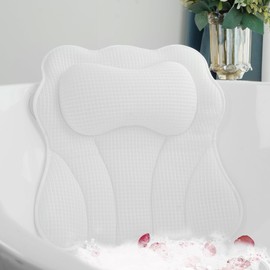 Joeyset Luxury Bath Pillow for Tub, Soft 5D Air Mesh Fabric for Comfort, Breathable & Quick-Drying Bathtub Cushion for Head, Neck, Back Support, Non-Slip Spa Pillow with Strong Suction Cups, White