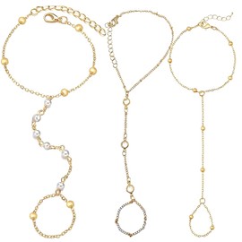 AMBEERT 3 PCS Gold Hand Chain, Hand Chain, Ring Bracelet Hand Chain, Gold Hand Chain Bracelets for Women, Fashionable Summer Essential Item, Bohemian Beach Jewelry Gift ﻿