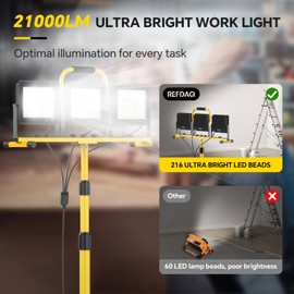 21000LM LED Work Lights with Stand: 3 Head Portable Work Light with 16.5FT Cord - IP66 Waterproof Height-Adjustable Tripod Worklights for Indoor/Outdoor Job Site Workshop Construction Garage Lighting