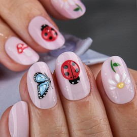 MqpQ Press On Nails Short - 3D Gel Oval Nails Art with Ladybug, Pink Stick On Nails Kit with Blue Butterfly Design,Soft Gel Fake Nails for Women- 24pcs, Butterfly Kiss