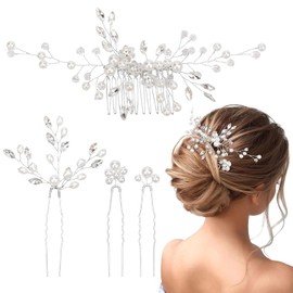 MELLIEX 4 Pieces Wedding Hair Accessories, Crystal Beads, Bridal Hair Comb, U-shaped Bridal Hair Pins for Women Girls, Silver