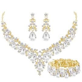 Paxuan Elegant Bridal Wedding Jewelry Set for Women / Brides / Bridesmaids Teardrop Crystal Leaf Cluster Jewelry Set for Wedding Prom Party Bridal Bridesmaids Rhinestone Crystal Necklace Earrings Bracelet Set (White(Gold))