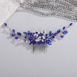 Wekicici Bride Blue Rhinestone Wedding Hair Comb Bridal Pearl Crystal Headband with Comb Flower Headpiece for Wedding Hair Accessories for Women Party Prom Hair Piece (Blue)