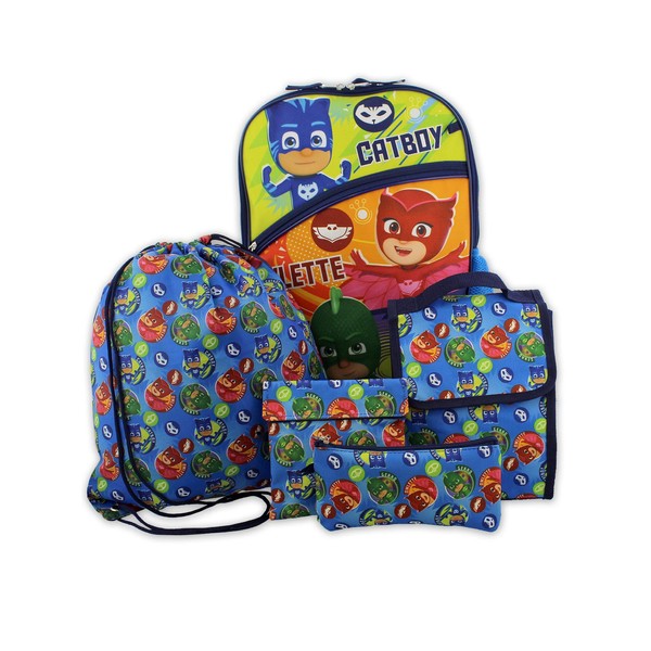 PJ Masks Boys Girls 5 piece 16 Inch Backpack Lunch Bag and Snack Bag School Set (One Size, Blue/Multi)