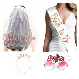 TIEHOARO Bride to Be Bash,Bride-to-Be Party Pack - Veil, Sash, Glasses & More for Bachelorette, Bridal Shower & Engagement Parties