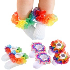 WBZOTSS Toddler Girls Socks with Rainbow Lace Ruffle Trim Cotton Baby Socks Frilly Dress Socks for Little Girls (US, Age, 4 Years, 6 Years, 3 pairs of colored socks)
