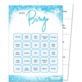Olivia Samuel 16 Player Bingo Baby Shower Game - Blue Glitter Effect Design (16 Guest Cards + 4 Sheets of Calling Cards for The Host + Winner's Certificate)