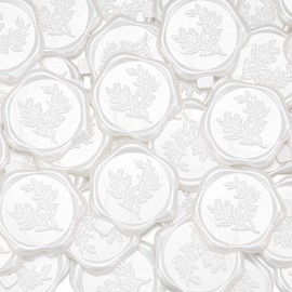 Filhome 50Pcs Wax Seal Stickers, 1.14inch/29mm Pearlescent White Envelope Seal Stickers, Eucalyptus Leaves Vintage Wedding Invitation Stickers for Valentine's Day Birthday Bridal Shower Party Supply