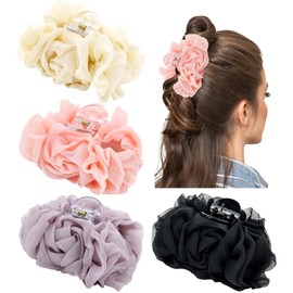 Lawie 4 Pack Large Chiffon Pleated Rose Flower Plastic Hair Claws Jaw Barrettes Big Floral Hair Bows Fancy Hair Grips Clamps Bun Thick Hair Holder French Twist Hair Clips Accessories for Women Girls