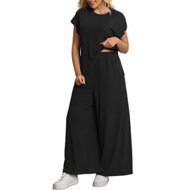 Auciccoo Women's Plus Size 2 Piece Lounge Set Summer Cap Sleeve Top Wide Leg Pants Matching Set Sweatsuits Outfits Tracksuit