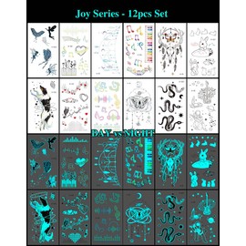 12 Sheets Glow in the Dark Tattoo Stickers Waterproof - Temporary Tattoos - Dreamcatcher Music Symbols Rabbit Snake - Makeup Body Art Tattoo Sticker Pack for Adults Kids - 10.5x6CM - SteadyINK®