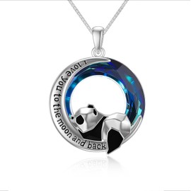 POPKIMI Panda Necklace Sterling Silver Crystal Origami Panda Necklace for Women Wife Mom I Love You to The Moon and Back Necklace Birthday Gifts (Panda Necklace with Blue Circle Crystal)
