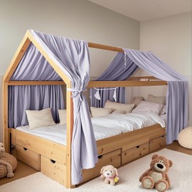 FloraVigo House Bed Canopy, Pack of 2, Handmade from 100% Cotton Muslin, Fabric Canopy for House Bed Decoration, for Girls and Boys (Set of 2, 65 x 270 cm, Lilac)