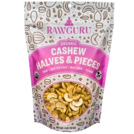 RawGuru Organic Cashew Halves|Pieces - Raw | Keto | Vegan | Kosher | Paleo | Gluten Free Snacks | Superfood, 16 oz.