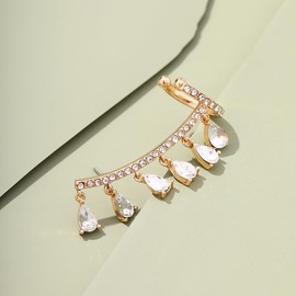 Waterdrop Tassel Earrings Crystal Zircon Ear Cuffs Jewelry Studs Earrings for Women Teardrop Clip Earrings (Gold)