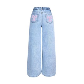 WDIRARA Girl's Bow Print Wide Leg Baggy Jeans Y2k Elastic High Waist Denim Pants Light Blue 13Y