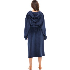 Alexander Del Rossa Women's Plush Fleece Robe with Hood, Lightweight Hooded Bathrobe with Pockets Navy Blue (A0110NBLMD)