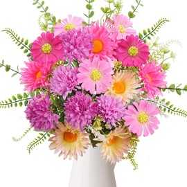 Fake Daisies, Artificial Spring Silk Flowers Cosmos Bunch Sunflowers Mixed Eucalyptus Faux Floral, Realistic Wildflowers Flower Arrangement for Home Wedding Dining Table Centerpiece Decor Cemetery