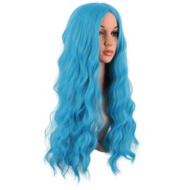 MapofBeauty 28 Inch/70 cm Long Wavy Middle Part with No Bangs Synthetic Fiber Curly Fashion Women Party Cosplay Wig (Cyan Blue)