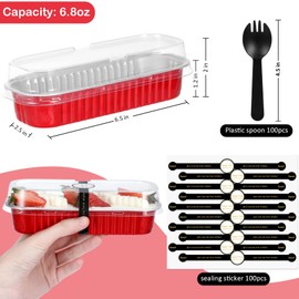 EgticHome Mini Loaf Pans with Lids and Spoons (100 Pack, Red, 6.8oz) Rectangular Aluminum Foil Baking Pans
