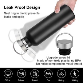 Volhoply 24oz Insulated Standard Mouth Water Bottle with Plastic & Stainless Steel Combination Lid, 304 18/8 Double Wall Vacuum Insulated Water Bottles, Reusable Metal Flask, Keeps Hot&Cold(Black,1)